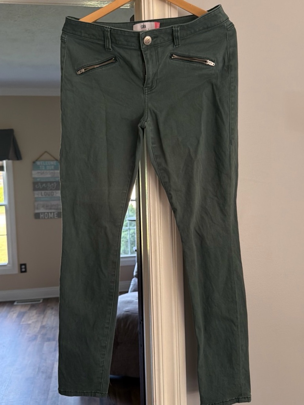 CAbi Dark Green Skinny Jeans with Front Zip Pockets